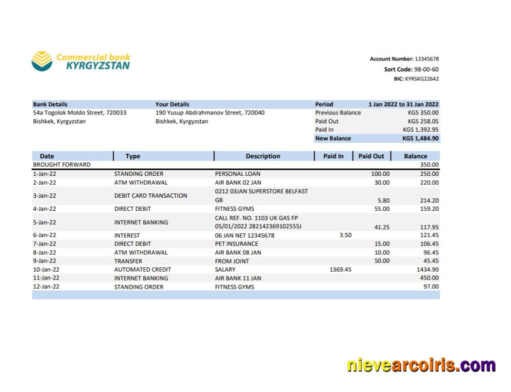 Kyrgyzstan Commercial Bank statement